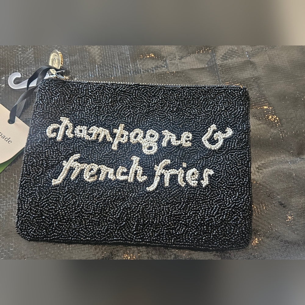 Kate Spadw Black Beaded Clutch with White Text